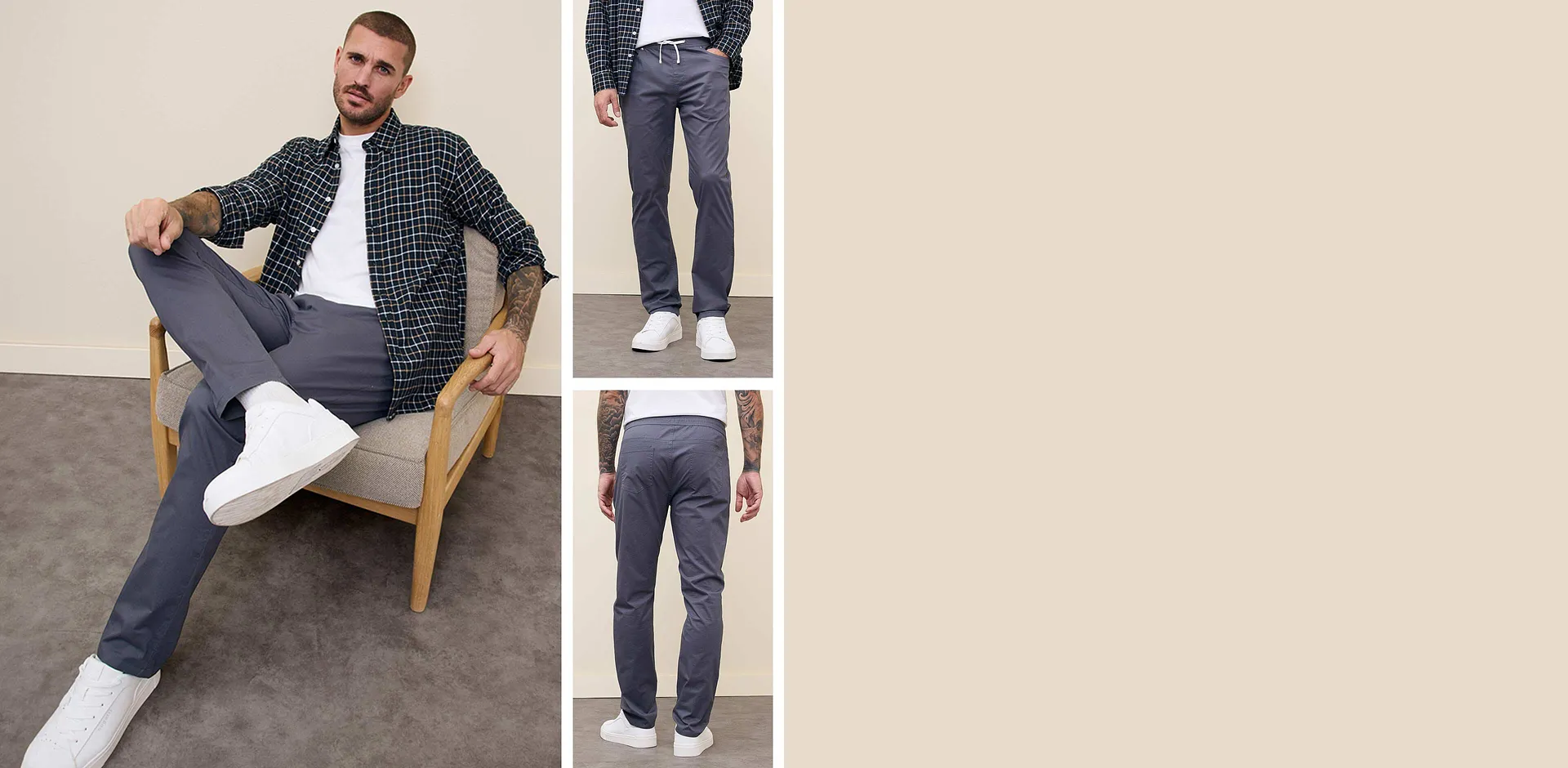 Kostkovaná košile, bílé tričko a šedé pohodlné kalhoty.