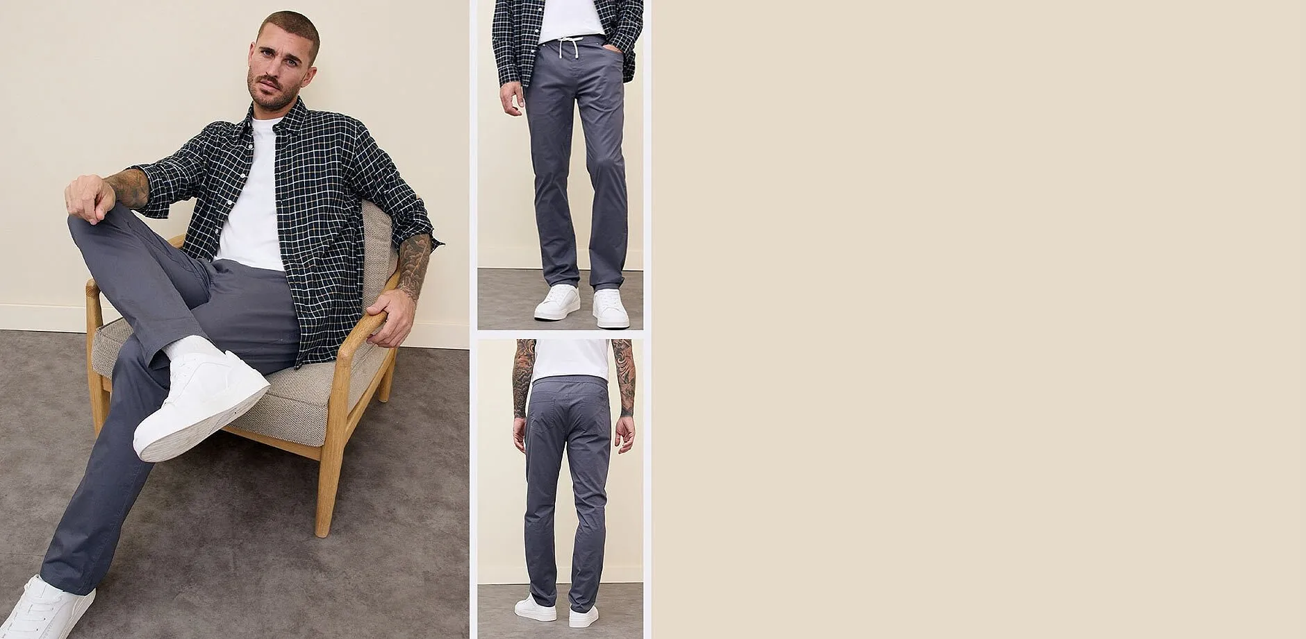 Kostkovaná košile, bílé tričko a pohodlné kalhoty