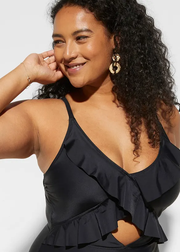 Jednodílné plavky s prostřihem a volány, bonprix