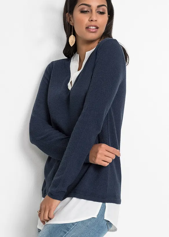 Svetr z jemného úpletu, s halenkovou vsadkou, bonprix