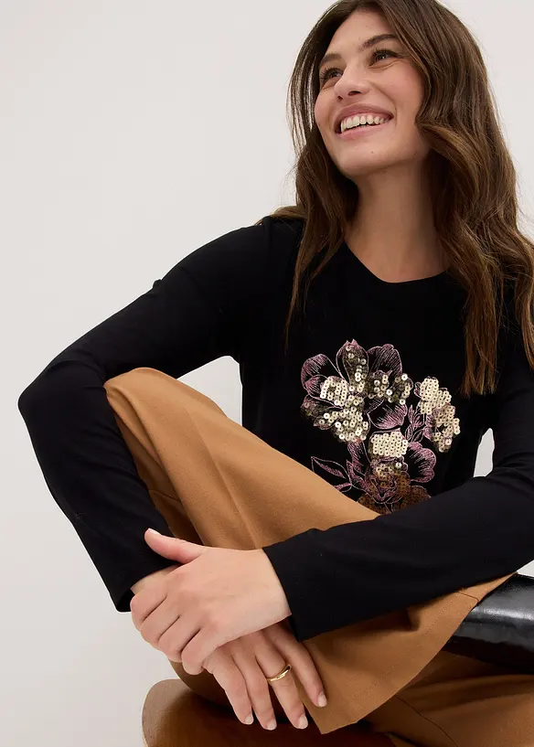 Triko s dlouhým rukávem a pajetkami, bonprix