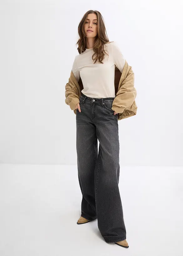 Džíny Wide Leg, Mid Waist, malý podíl streče, dlouhá délka, bonprix