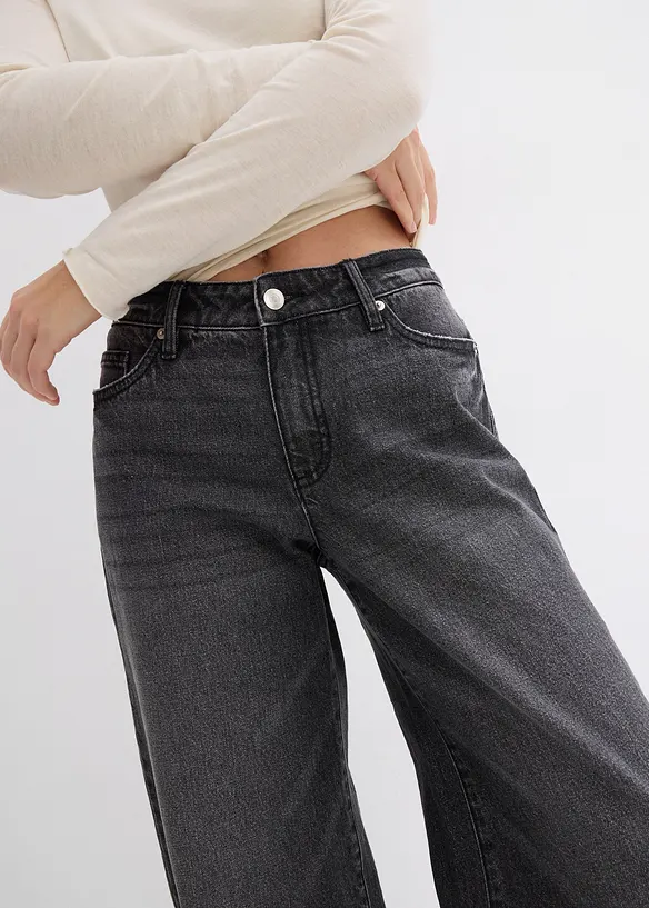 Džíny Wide Leg, Mid Waist, malý podíl streče, dlouhá délka, bonprix