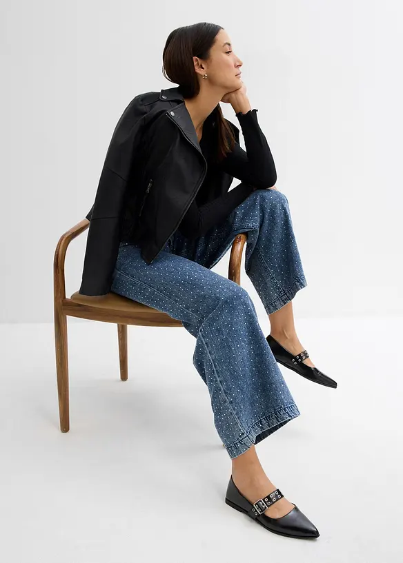 Džíny se štrasem, Wide Leg, Mid Waist, bonprix