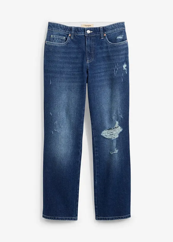 Džíny Straight, Mid Waist, pohodlný pas, nízký podíl streče, zkrácené, bonprix