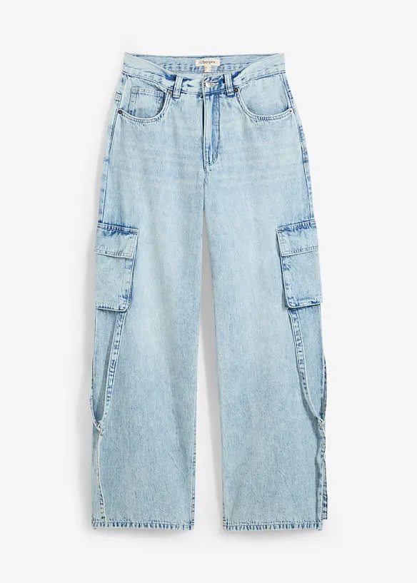 Cargo džíny, Mid Waist, malý podíl streče, dlouhá délka, bonprix