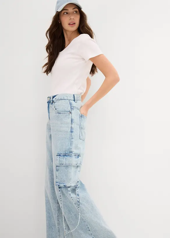 Cargo džíny, Mid Waist, malý podíl streče, dlouhá délka, bonprix