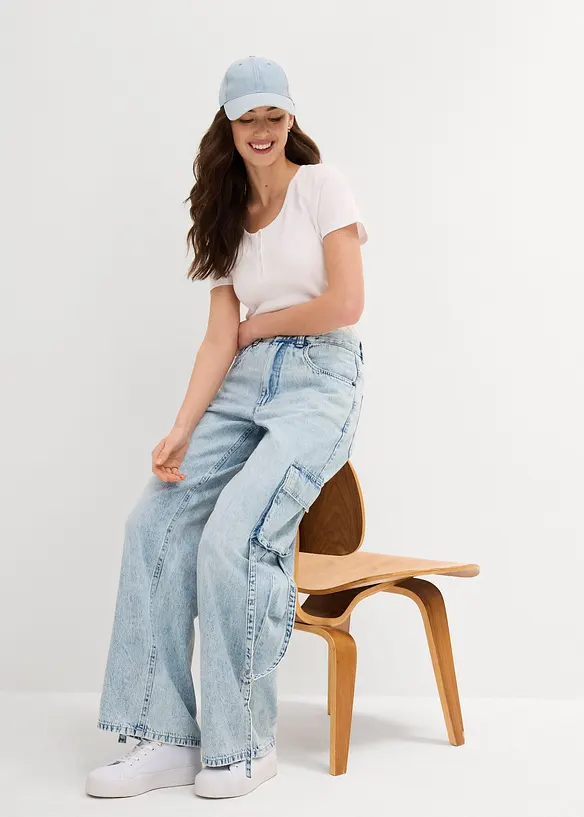 Cargo džíny, Mid Waist, malý podíl streče, dlouhá délka, bonprix