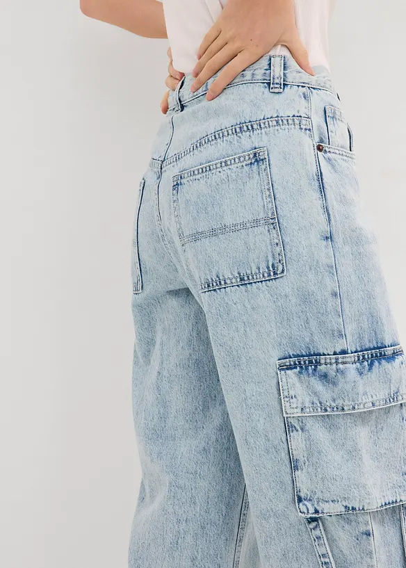Cargo džíny, Mid Waist, malý podíl streče, dlouhá délka, bonprix