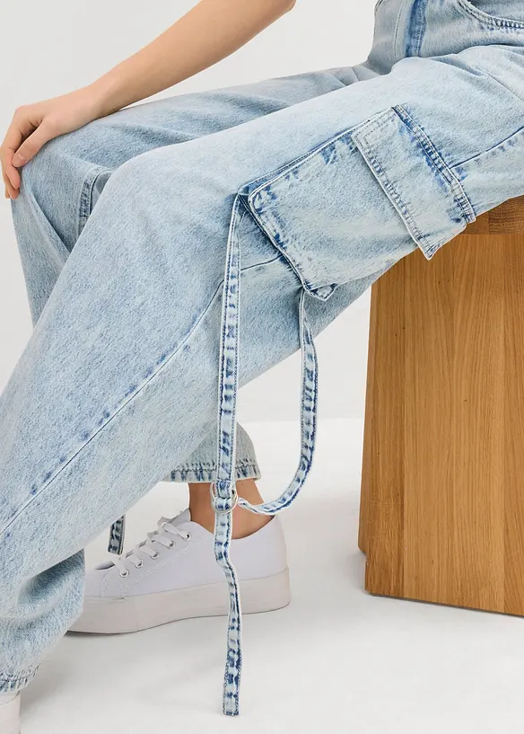 Cargo džíny, Mid Waist, malý podíl streče, dlouhá délka, bonprix