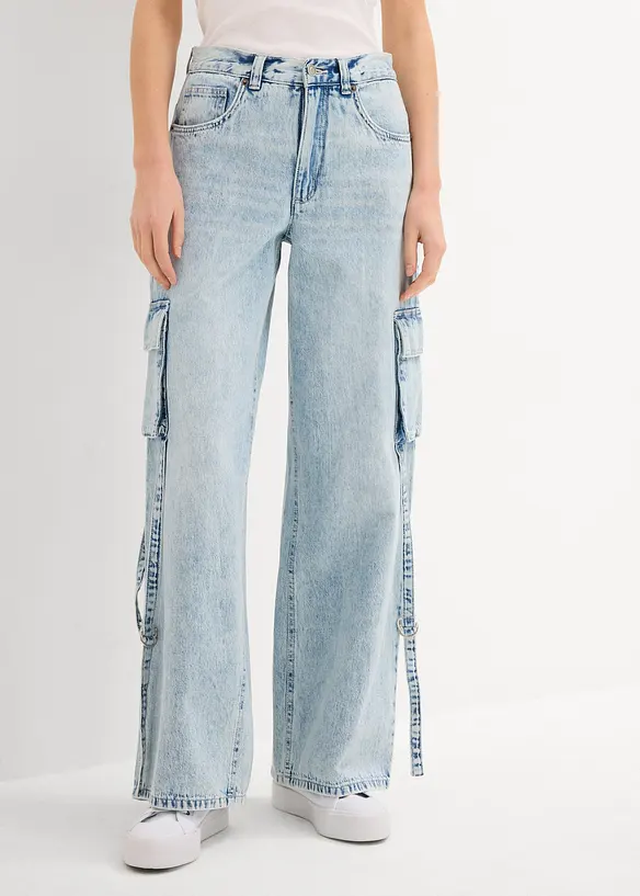 Cargo džíny, Mid Waist, malý podíl streče, dlouhá délka, bonprix