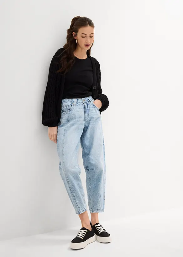 Džíny Barrel, Mid Waist, nízký podíl streče, zkrácené, bonprix