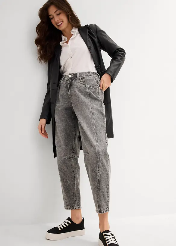 Džíny Barrel, Mid Waist, nízký podíl streče, zkrácené, bonprix