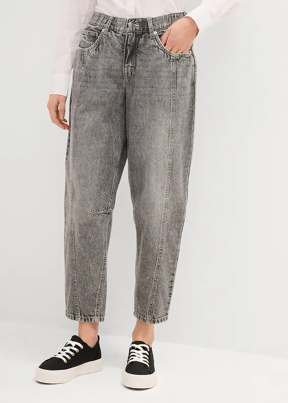 Džíny Barrel, Mid Waist, nízký podíl streče, zkrácené, bonprix