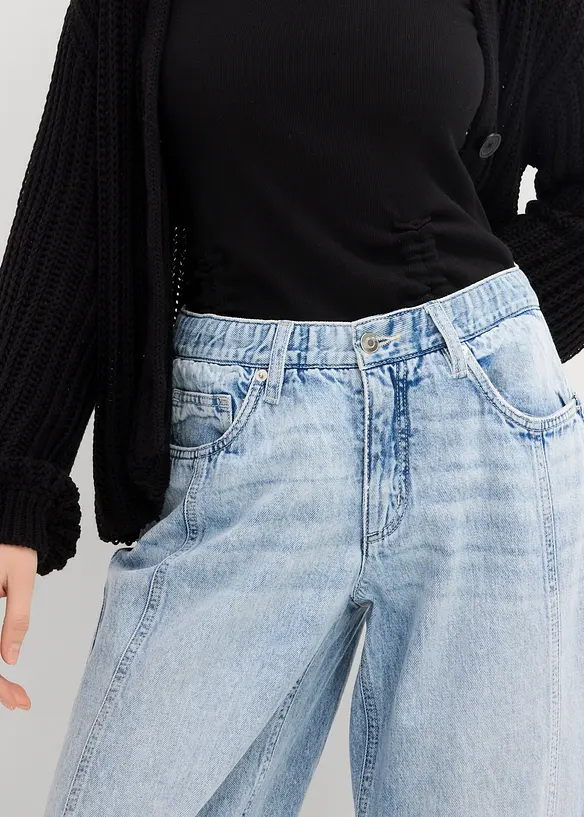 Džíny Barrel, Mid Waist, nízký podíl streče, zkrácené, bonprix