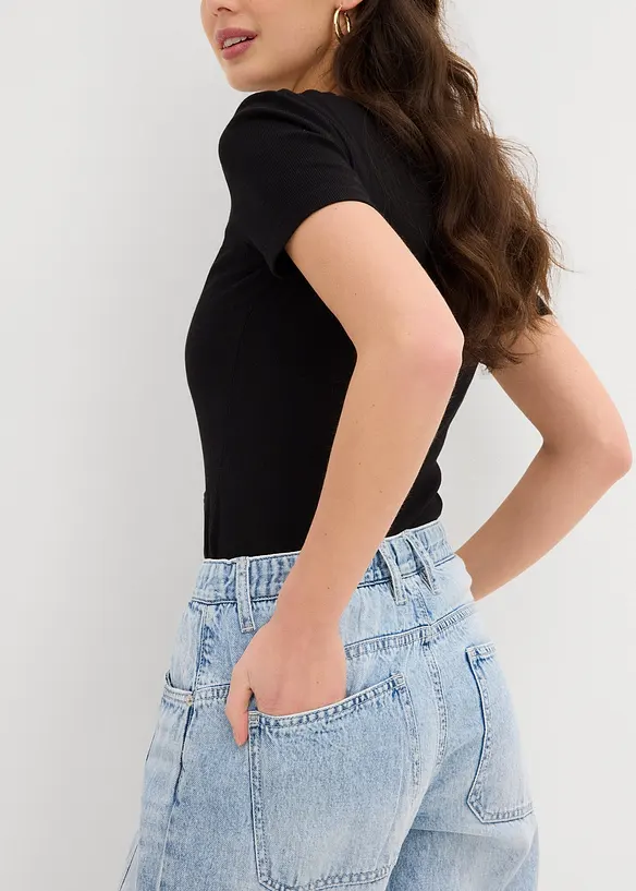 Džíny Barrel, Mid Waist, nízký podíl streče, zkrácené, bonprix