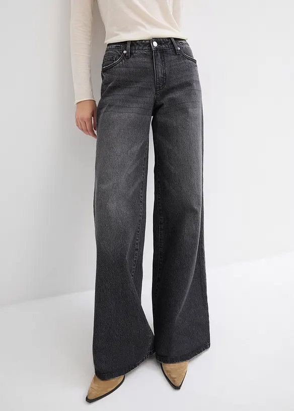 Džíny Wide Leg, Mid Waist, malý podíl streče, dlouhá délka, bonprix