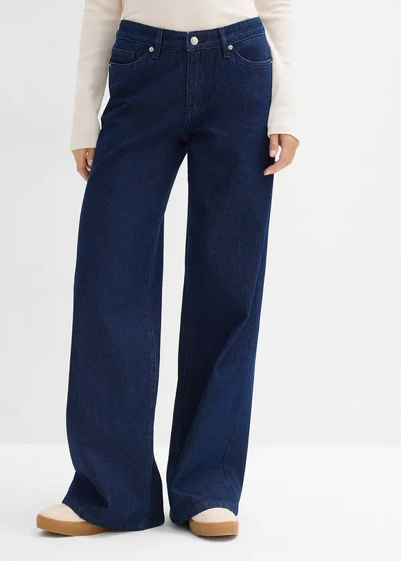 Džíny Wide Leg, Mid Waist, malý podíl streče, dlouhá délka, bonprix