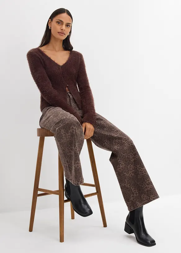 Keprové kalhoty Wide Leg, s leopardím potiskem, bonprix