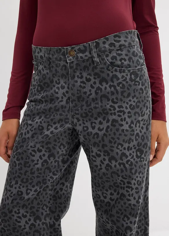 Keprové kalhoty Wide Leg, s leopardím potiskem, bonprix