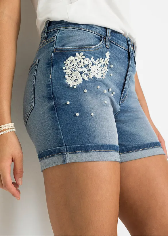 Džínové šortky s aplikací, Mid Waist, bonprix
