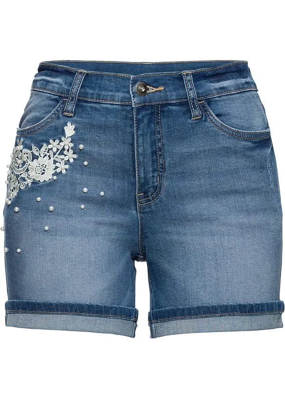 Džínové šortky s aplikací, Mid Waist, bonprix