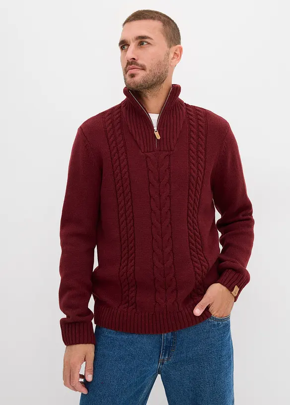 Svetr s límcem na zip a copánkovým vzorem, ze silnější pleteniny, bonprix