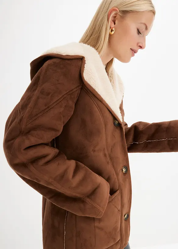 Bunda s kapucí, materiál shearling, bonprix
