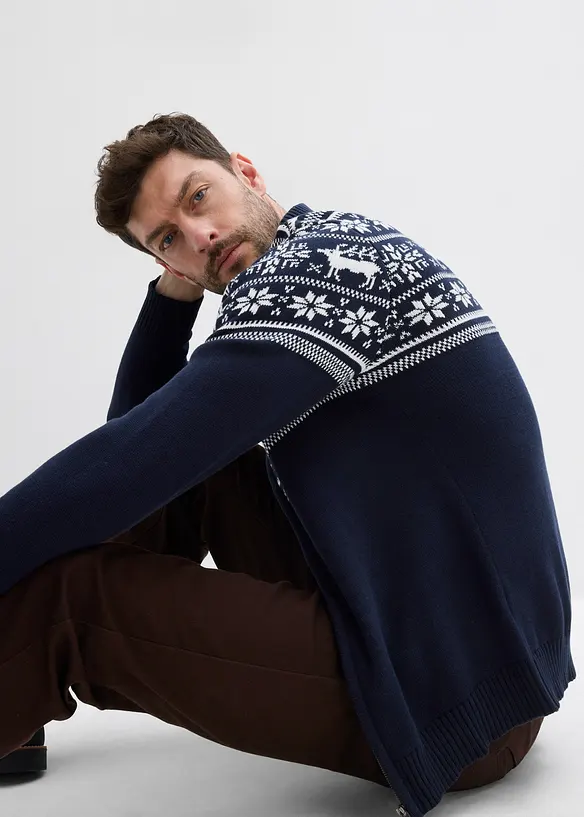 Příjemný svetr na zapínání s norským vzorem, z čisté bavlny, bonprix
