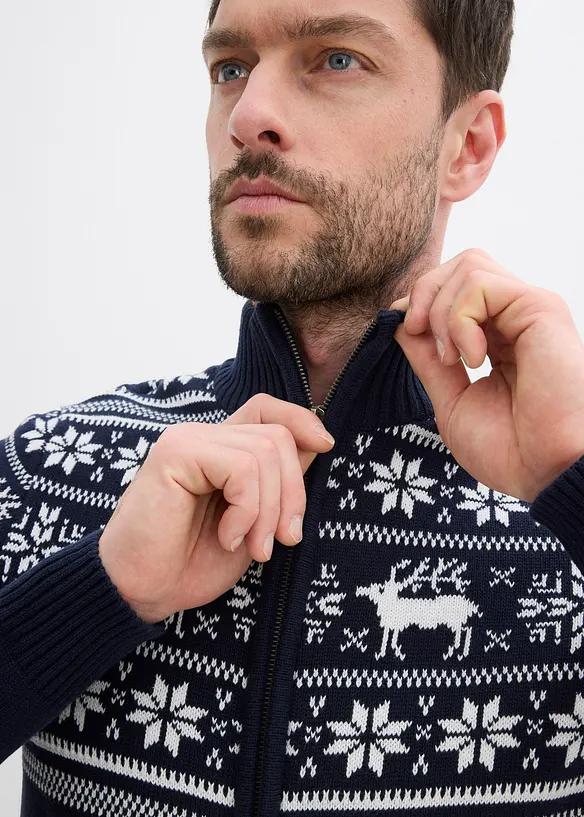 Příjemný svetr na zapínání s norským vzorem, z čisté bavlny, bonprix