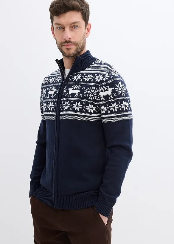 Příjemný svetr na zapínání s norským vzorem, z čisté bavlny, bonprix