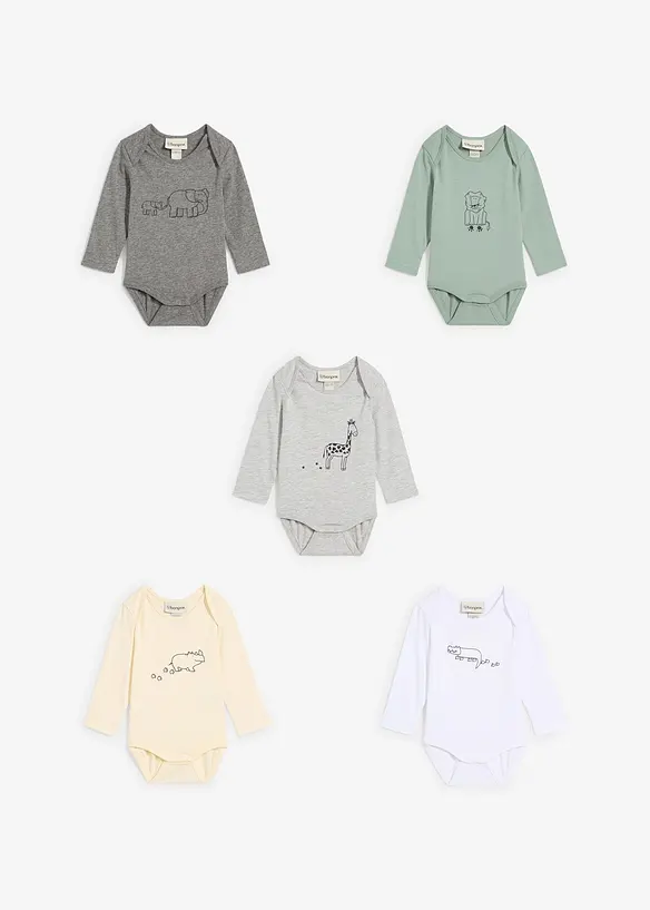 Kojenecké body z organické bavlny, dlouhý rukáv (5 ks v balení), bonprix