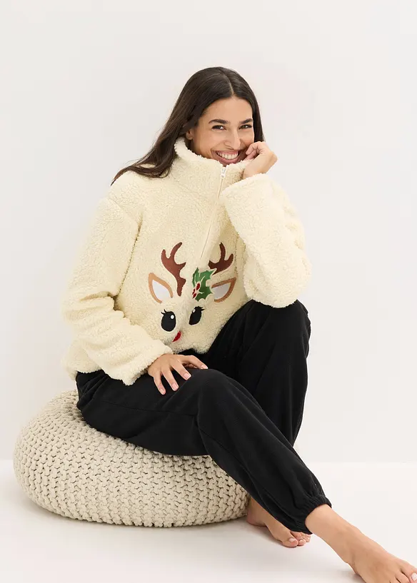 Domácí souprava z medvídkového flísu, s flísovými kalhotami, bonprix