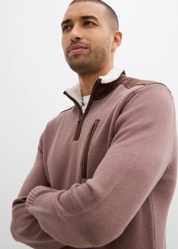 Svetr ze silnější pleteniny, s límečkem na zip a tkaným lemem, bonprix