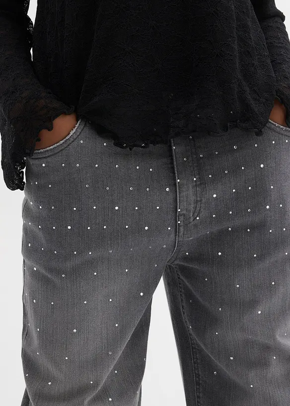 Džíny Wide Leg se štrasovými kamínky, Mid Waist, bonprix