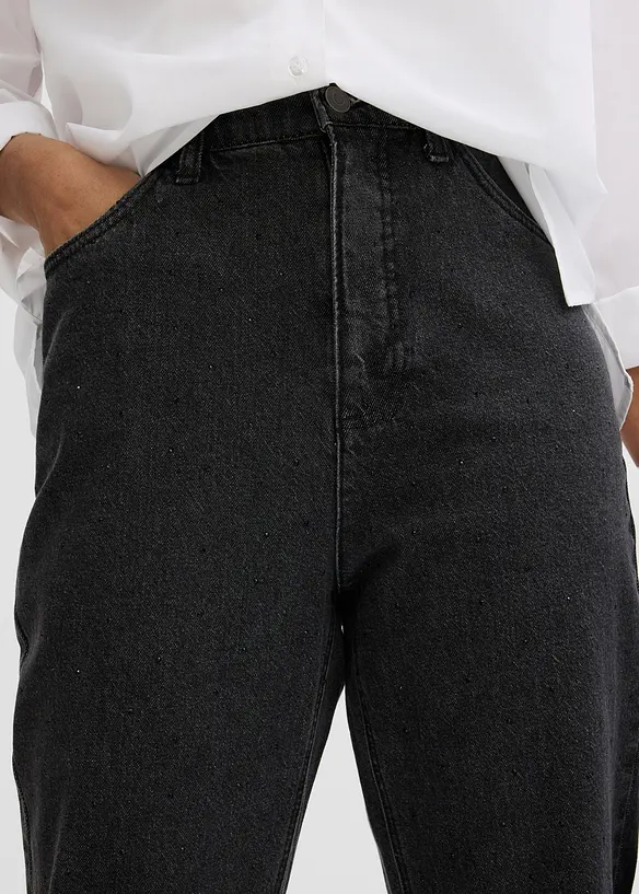 Volné džíny Straight, High Waist, pohodlný pas, se štrasem, bonprix