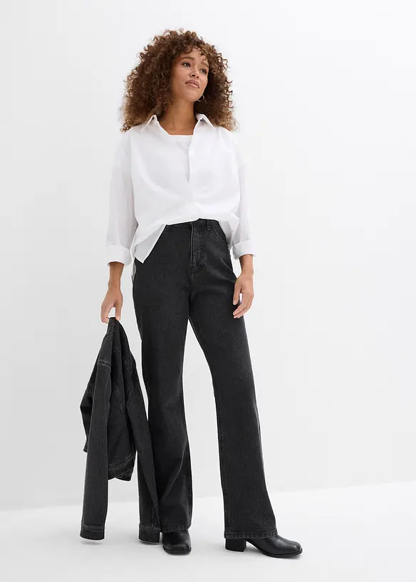 Volné džíny Straight, High Waist, pohodlný pas, se štrasem, bonprix