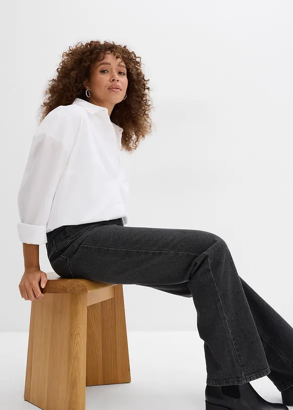 Volné džíny Straight, High Waist, pohodlný pas, se štrasem, bonprix