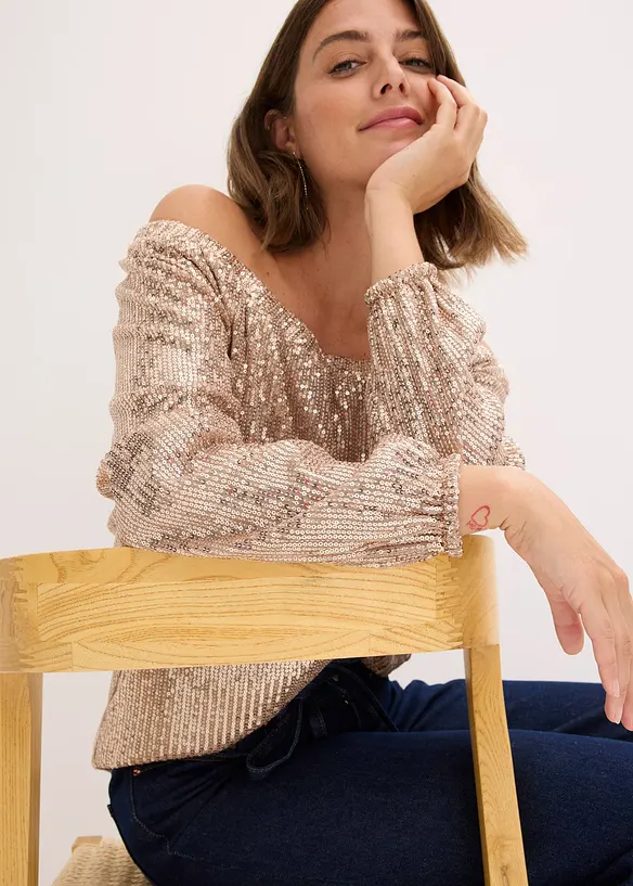 Oversized triko Carmen s pajetkami, bonprix