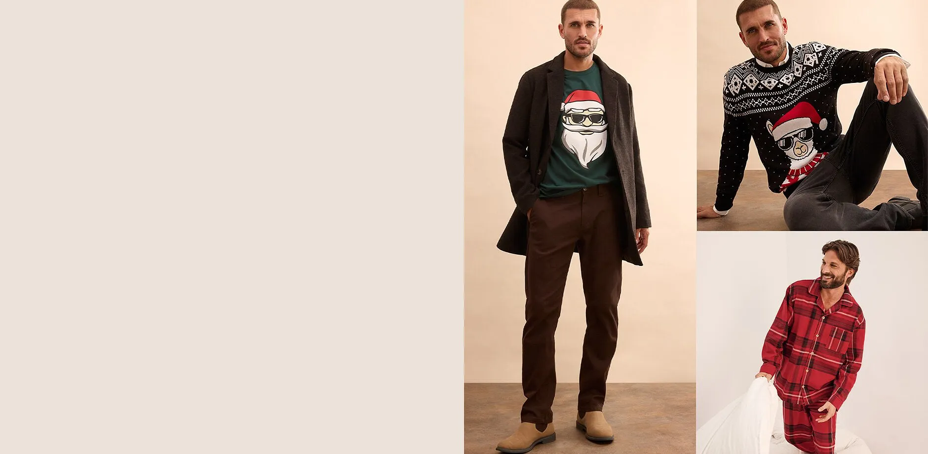 Vánoční svetr s barevným vzorem, k tomu tmavé džíny. 