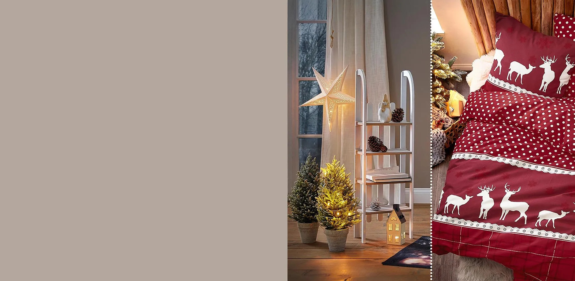 Zimní dekorace a útulné ložní prádlo v barvě bordó s bílými soby.