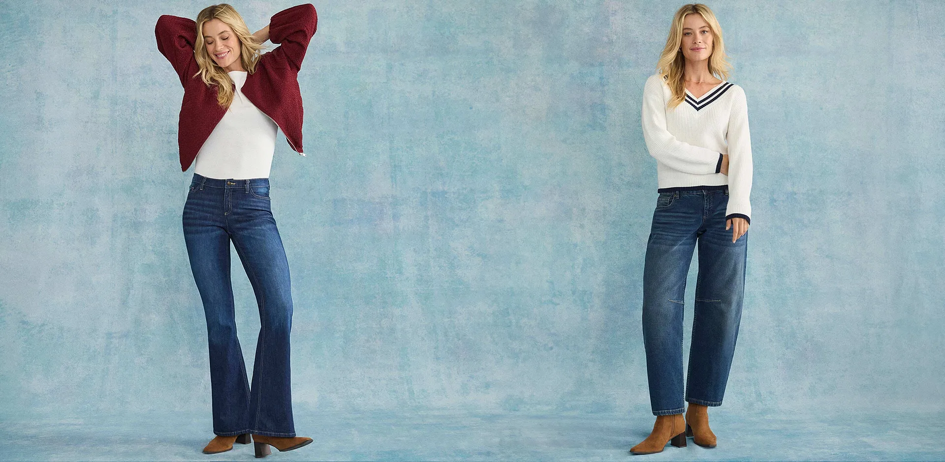 Lež&eacute;rn&iacute; dž&iacute;ny v kombinaci s b&iacute;l&yacute;mi svetry a pleten&yacute;mi vestami.