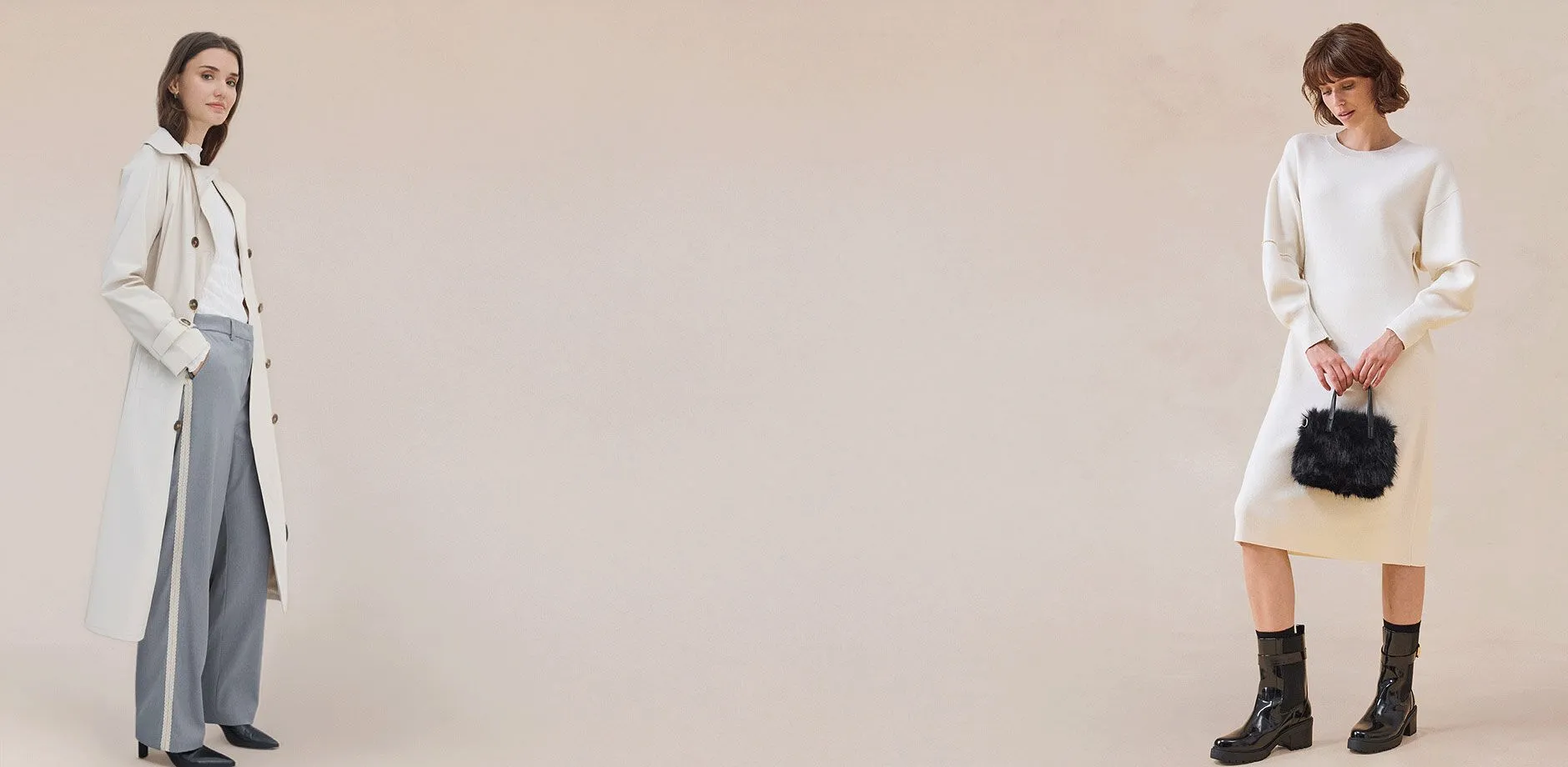 Elegantn&iacute; kr&eacute;mov&eacute; pleten&eacute; oblečen&iacute;: rol&aacute;k a &scaron;irok&eacute; kalhoty. 