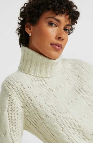 Žena - Rolákový svetr s podílem Good Cashmere Standard® a copánkovým vzorem - přírodní bílá