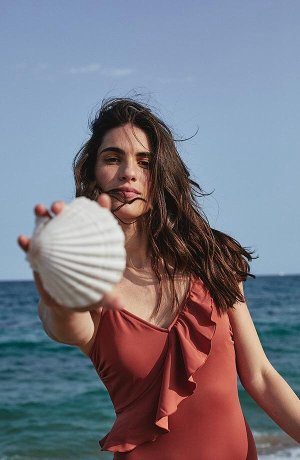 Žena - Jednodílné plavky, z recyklovaného polyamidu - oranžovohnědá
