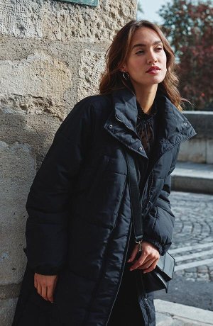 Žena - Oversized kabát s prošíváním a elastickým páskem - černá