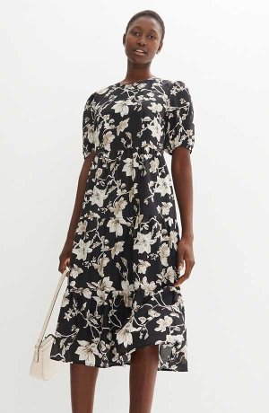 Žena - Šaty s podílem hedvábí - černo-oblázkově béžová s květy