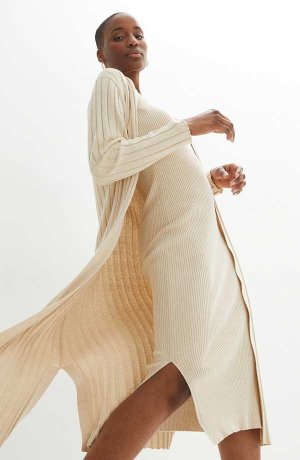 Žena - Pletený kabát s podílem hedvábí - pískový melír