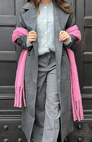 Žena - Dvouřadý oversized kabát ve vlněném vzhledu - antracitový melír
