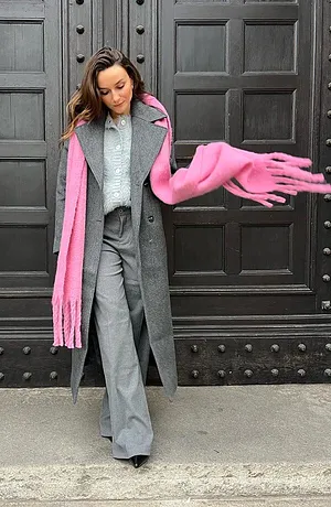 Žena - Dvouřadý oversized kabát ve vlněném vzhledu - antracitový melír